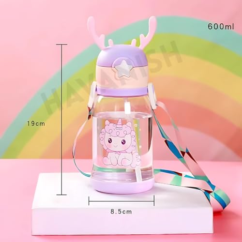Image of Antlers Water Bottle for Kids 600ml BPA Free | Soft Silicone Sipper Transparent Bottle for Boys & Girls | Reusable Leak Proof with Strap for School, Sports, Travel & Outdoor Use - Pack of 2(Purple)