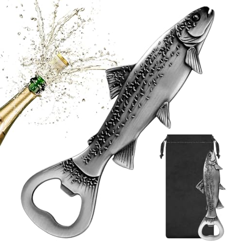 MR.BARWARE Trout Beer Bottle Opener - Cadeau de pêche pour homme, papa, grand-père - Outil de bar en forme de poisson argenté avec sac cadeau - Parfait pour la fête des pères, anniversaire, Noël