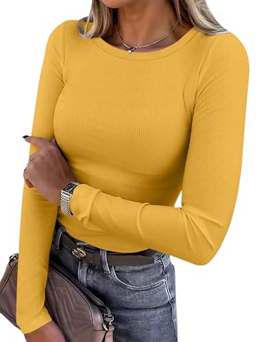 ANRABESS Women Long Sleeve Shirts Rib Knit Slim Fit Tops Basic Tee 2025 Fall Outfits Casual T-Shirt Underscrubs Layer Clothes Yellow Medium