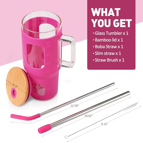 WINSA Glass Tumbler with Straw & Lid, 32 oz Glass Cup with Handle, Water Bottle with Time Marker - Pearl Straw & Silicone Protective Sleeve - Rose Red
