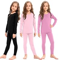 Silkfly 3 Set Girls Thermal Underwear Soft Winter Thermal Top and Bottom with Fleece Lined Base Layer for Girls(L,Black, Pink, Rose Pink,3 Set)