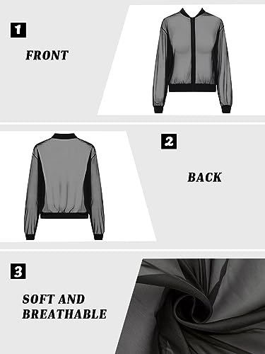 Fisoew Women's Crop Mesh Sheer Bomber Jackets Lightweight Long Sleeve Zip Up Jacket Outwear4