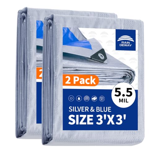 RAINDEWAY Small Tarps Waterproof 3x3 FeetPack of 2 5.5 Mil Thick Multipurpose Waterproof Poly Tarp CoverCamping Tarpaulin Silver/Blue Tarp Finished Size