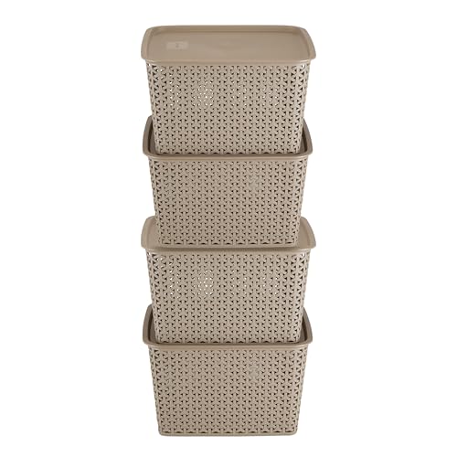 Image of KOLORR Royal Baskets 4 Large Basket with 4 Lid - LT Brown | stackable| easy to clean | strong and durable | BPA free | Multipurpose Plastic Storage Basket, Rectangular