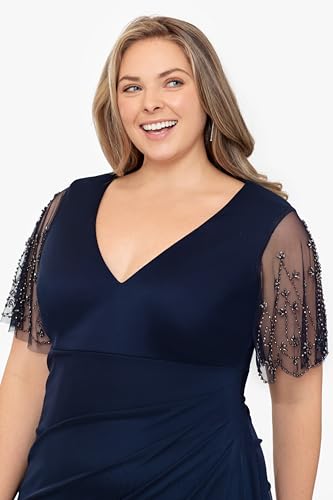 Xscape Women's Plus Sheer Matte Jersey Maxi Dress with Beaded Sleeves and Side Ruching3