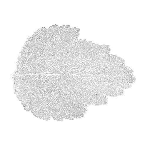 LuckyDream Silver Vinyl Leaf Placemats, Set of 12, Non-Slip Durable Heat Resistant Golden Metallic Pressed Hollowed-Out Vinyl Leaf Placemat, Decorative Gold PVC Place Mat, 18.5 x 14.5 inch (Silver)