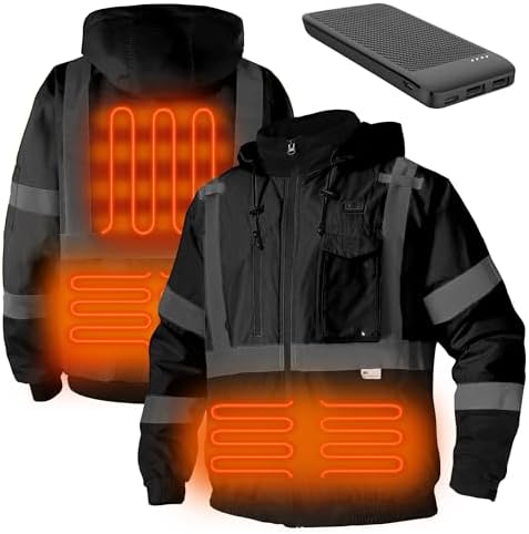DPSAFETY Safety Heated Jacket,Reflective Heated Jacket,Waterproof CLASS 3 Hi-Vis jacket with Detachable hood, High Visibility Work Construction Coat for men&women (Black 2XL)