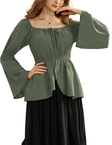 Bell Sleeve Tops for Women Renaissance Off Shoulder Shirt Pirate Peasant Blouses Olive Green XL