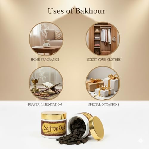Image of Saffron Oud BAKHOOR Incense | Authentic Arabic BAKHOOR Incense | 40 GMS JAR | Pack of 1 | Natural Wood Chips Saffron Fragrance Woody Blend | Perfect for Pooja