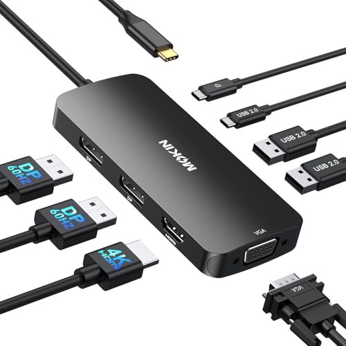 Image of USB C Docking Station Dual DisplayPort, USB Hub with 2 DP, HDMI, VGA, USB C 2.0, A 2.0, PD Charging Port, Multi Monitor Adapter for Dell /HP Laptops, Black