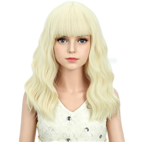 Image of Adult Light Blonde Wig Women Short Blonde Wavy Curly Wigs Adult Wig with Air Bangs Synthetic Cosplay Hair Wigs