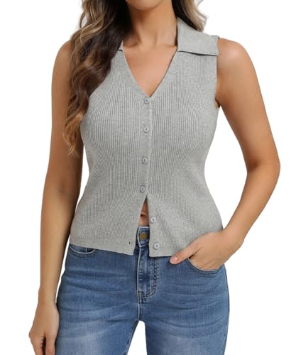 Image of Belle Poque Women's Button Down Tank Tops Summer Ribbed Vest Top Sleeveless V Neck Collared Vest Shirt Slim Fit Going Out Top