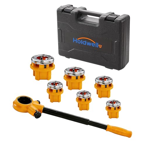 Holdwell S Ratchet Pipe Threader Kit w- 6 NPT Dies (1-4, 3-8, 1-2, 3-4, 1, 1-1-4), Heavy-Duty 9SiCr Steel Threading Tool for Galvanized, Iron, Copper & Aluminum Pipes, Portable with Storage Case