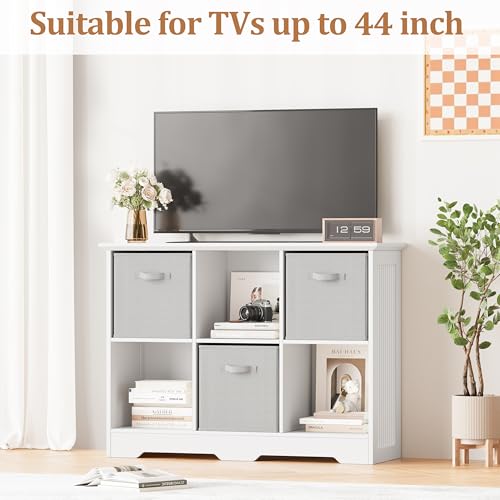 Image of 6 Cube Storage Organizer Shelf, Wood Cubby Storage with 3 Fabric Drawers, 2 Tier Wooden Bookshelf with 2 Adjustable Shelves & Fluted Side Panels for Bedroom, Living Room, Home Office, White