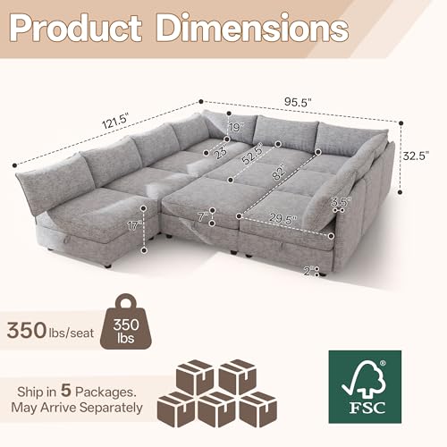 Image of Oversized Chenille Modular Sectional Sofa Bed Hidden Storage, Convertible L U Shaped Sleeper Couch, 10 Seat Modern Modular Sectional Sofa with Removable Covers & Ottoman Chaise, for Living Room, Gray