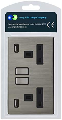 4 x Brush Chrome Double Wall Switch Socket 13A 2 gang with 2 USB Charger Ports UK 3 pin Plug Screwless Finish N776DME