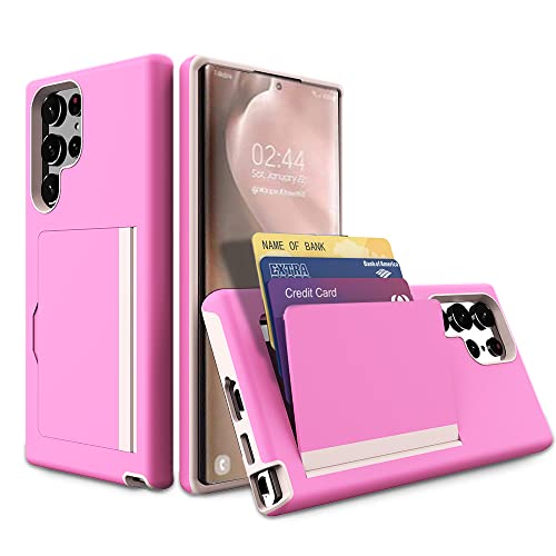 Étui portefeuille Samsung S22 Ultra antichoc - Coque rose robuste porte-carte
