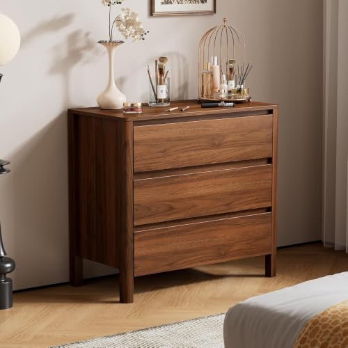 Image of Furniway Nightstands Set of 2, 31.5 inch Wide 3 Drawer Nightstand with Wood Legs, Mid-Century Modern Bedside Table with Storage, Wooden End Table for Bedroom, Walnut
