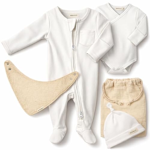 BEBICCO - Kit Naissance Bebe - Cadeau Naissance Premium - 5 Pièces - 100% Coton Bio (certifié GOTS) - 0-3 mois - Pyjama et Body avec Gants intégrés - Bonnet - Bavoir et Pochon de Rangement.