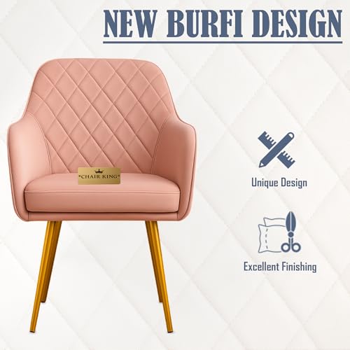 Image of Barfi Velvet Dining Chair | Set of 2 Premium Modern Upholstered Accent Chair with Armrest, Padded Seat and Metal Legs | Comfy Chair for Home, Office & Restaurents | (Pink with Puffy)