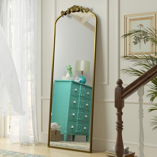 SMIROR Espejo de cuerpo entero arqueado dorado de 65 x 22 pulgadas, espejo vintage de inspiración barroca para pared, espejo de piso para vestirse, a prueba de roturas