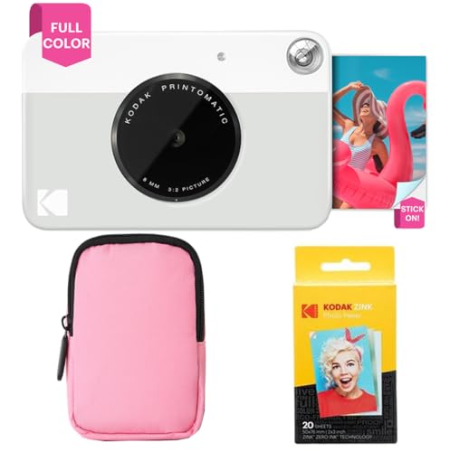 KODAK Printomatic Paquete básico de cámara con impresión instantánea a Todo Color + Estuche Blando + Paquete de 20 Papeles fotográficos Zink   Fotos Coloridas en Papel Adhesivo de 2 x 3   Gris