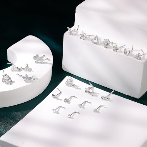 REVOLIA 20Pcs 20G Surgical Steel Dangle Nose Rings L Shaped Nose Ring Studs for Women Men CZ Heart Moon Dangling Flower Butterfly Nose Piercing Jewelry2
