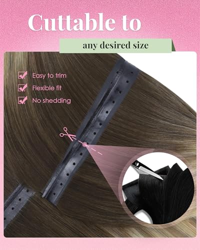 Image of YoungSee Butterfly Weft Hair Extensions Balayage OVO Weft Butterfly Hair Wefts Human Hair Walnut Brown Ombre Light Brown with Blonde PU Hole Weft Extensions Human Hair Cut into Any Size 18 Inch 100g
