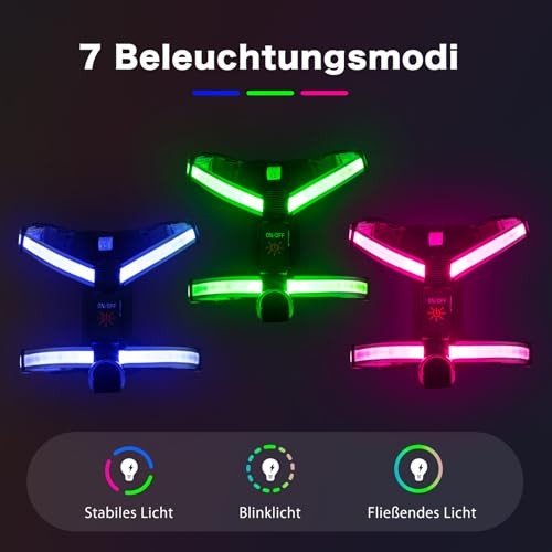 KOSKILL LED Hundegeschirr mit Akku-Anzeige, USB-C Aufladbar, RGB Leuchthalsband (Blau Grün Rosa) frei wählbar, 3 Modi, Reflektierend für Nachtspaziergang Sicherheit, Kleine Hunde Welpen Katzen S
