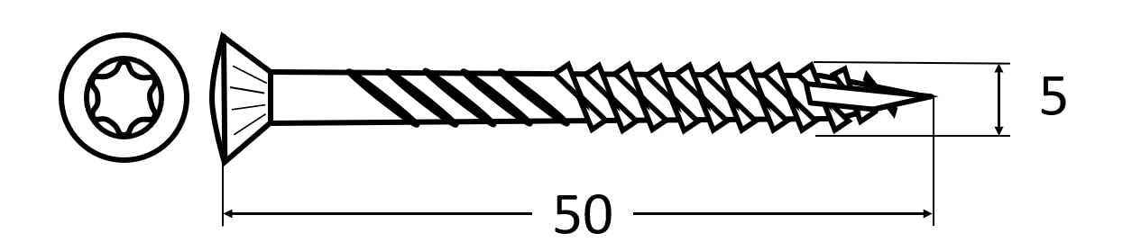 Terrassenschrauben 5x50 Edelstahl 500 Stück gehärtet, TX-25 mit Schabenut und Fräsrippen