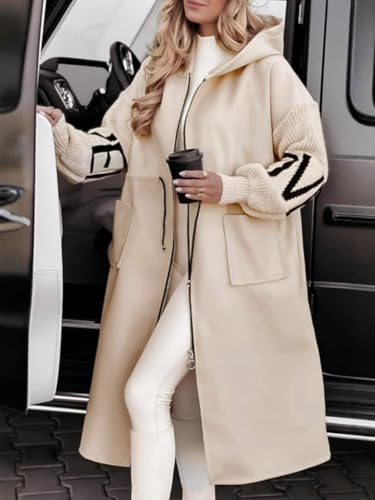 chouyatou Women's Casual Knitted Sleeve Wool Trench Coat Zip Up Hooded Wool Blend Overcoat with Pockets3