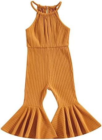 Nie Cuimeiwan Baby Girl Bell Bottoms Romper Spaghetti Strap Knit Overalls Solid Ribbed Clothes Cute Toddler Girl Jumpsuit (as1, age, 18_months, 24_months, Turmeric)