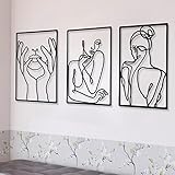 3 Pieces Metal Minimalist Abstract Woman Wall Art Line Drawing Wall Art Decor Single Line Female Home Hanging Wall Art Decor for Kitchen Bathroom Living Room (Black, Hand)