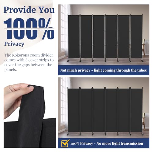 Kokorona 6 Panel Room Divider, 6FT Tall Rolling Privacy Screen with Lockable Wheels, Folding Wall Dividers Portable Room Divider for Room Separation, Included - Cover Strips, Black, 119\'\'W x 70\'\'H