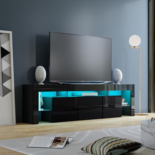 Mueble de TV LED negro brillante de 200 cm con 2 cajones y 2 puertas, mueble moderno de alto brillo para dormitorio y sala de estar