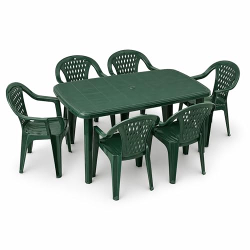 Tomaino - Ensemble table et chaises d'extérieur en plastique 6 places - 6 chaises avec accoudoirs empilables et 1 table rectangulaire de jardin, terrasse...