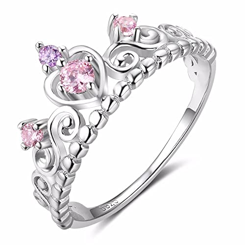 925 Sterling Silver Heart Shaped Princess Crown Ring with Pink Cubic Zirconia for Women, Wedding Engagement Promise Rings Set for Her