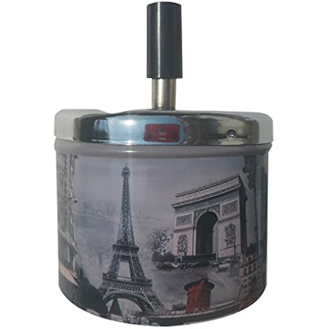 Coralpearl Smokeless Metal Tin Push Down Ashtray for Cigarettes Cigars With Spinning Tray Lid Covered Portable Ash Tray Bucket for Home Tabletop,Patio,Sand,Car,Auto,Outdoors,Indoors (France) Cover