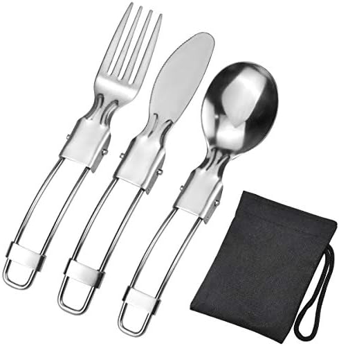 wangjiangda Foldable Cutlery Set 3 Piece Spoon, Knife and Fork Sets Portable 304 Stainless Steel for Camping Picnic Outdoor
