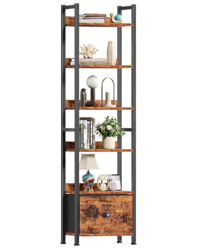 Furologee 6 Tier Bookshelf, Tall Shelf with Drawer, Wood and