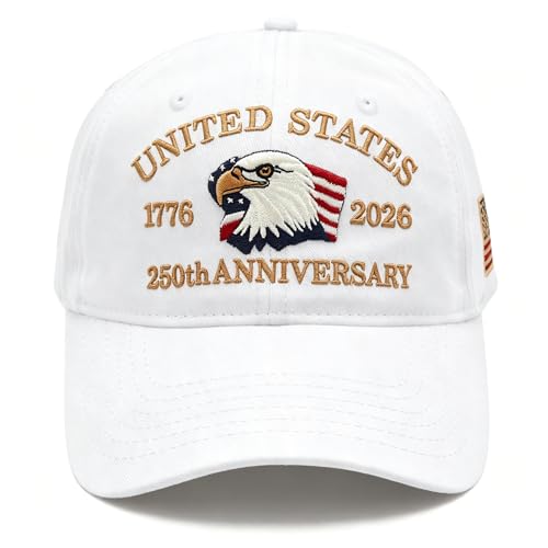 United States 250th Anniversary Hat, USA Baseball Cap 1776-2026 American Hat Patriotic Embroidered Hats for Men Women (US, Alpha, One Size, White)
