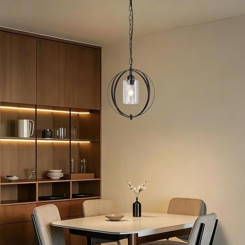 xychfantligh Nowoczesna owalna lampa wisząca z czarnego metalu, przezroczysta szklana obudowa, kompatybilna z E27, lampa wisząca w stylu industrialnym, do wyspy kuchennej/jadalni/salonu