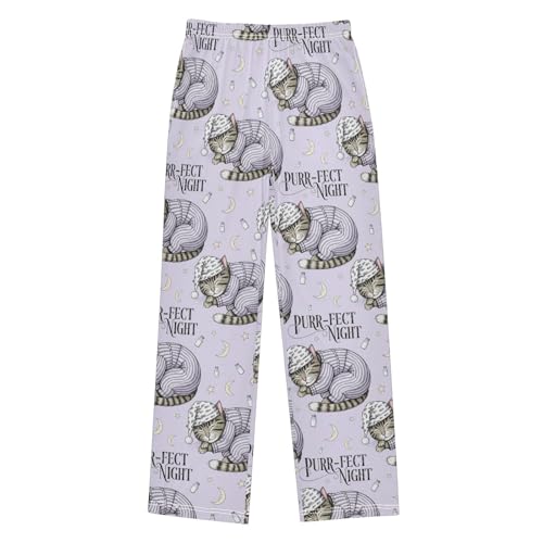 Yuiboo Pastel Purple Cat Purr - Fect Night Elegant Sleep Pants Lounge Pajama Elastic Sleepwear Bottoms Holiday with Pockets