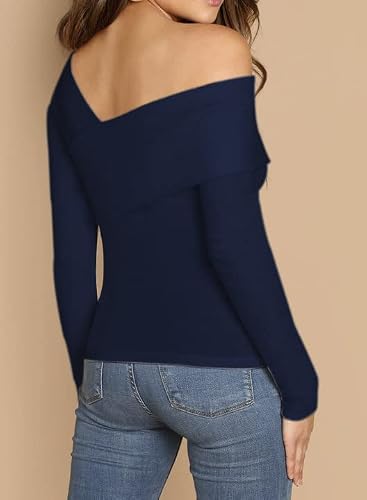 Cgyy Women Sexy Cross Wrap Off Shoulder Tops Long Sleeve Deep V Neck T-Shirt Casual Slim Ribbed Knit Blouses Navy Blue #TOP4
