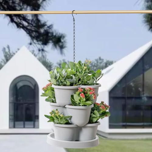 Birheatry Vertical Strawberry Planter 3 Tier Hanging Vertical Gardening Stackable Planter, Hanging Strawberry Planter Pot for Strawberries, Flowers, Herbs, Vegetables with Removable Wheels and Hooks - Thumbnail 5