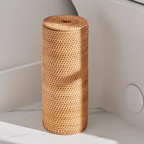 Rattan Toilet Paper Holder with Lid, Freestanding Wicker Bathroom Storage Bin, Natural Honey Brown, Holds 4 Rolls, 7x7x12 Inches