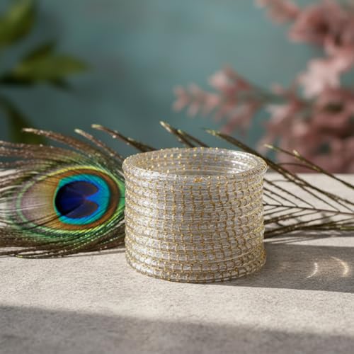 Image of SUNDRAM Raindrop Glass Bangles Set for Women & Girls, Transparent Crystal Kanch Ki Chudi for Wedding & Party, Set of 12