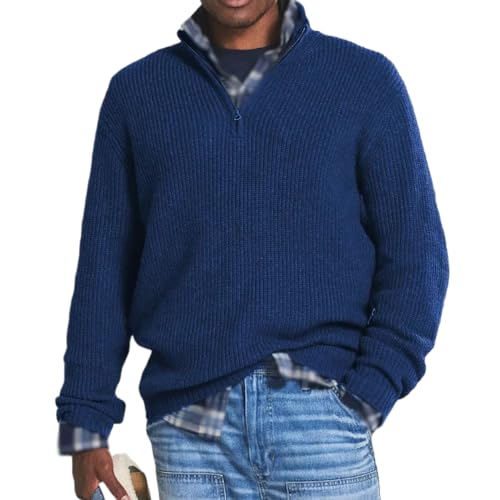 DYJAGYO Jersey de Cachemira con Cremallera para Hombre,Jersey de Cuello Alto para Hombre,Jersey de Cuello Alto de Punto para Hombre (Large,Dark Blue)