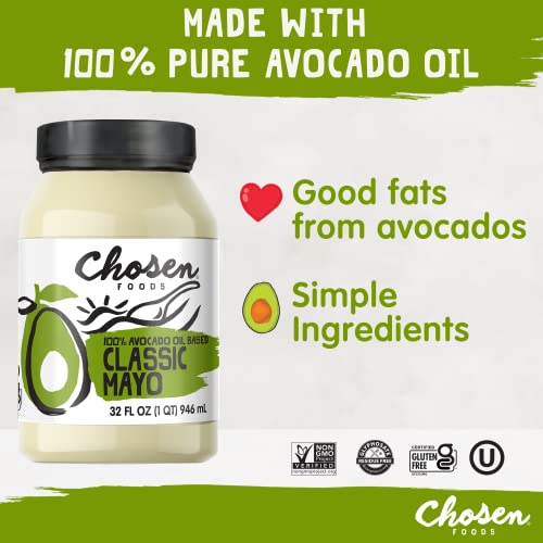 Chosen Foods 100% Avocado Oil-Based Classic Mayonnaise, Gluten & Dairy Free, Low-Carb, Keto & Paleo Diet Friendly, Mayo For Sandwiches, Dressings And Sauces, Made With Cage Free Eggs (32 Fl Oz) #TOP3