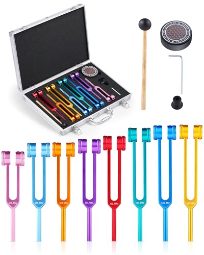 8 PCS Tuning Forks for Healing Set, Weighted Rainbow Color Chakra Frequencies (126Hz-272Hz) with Aluminum Box & Activator - Sound Therapy Kit for Meditation, Yoga, Stress Relief